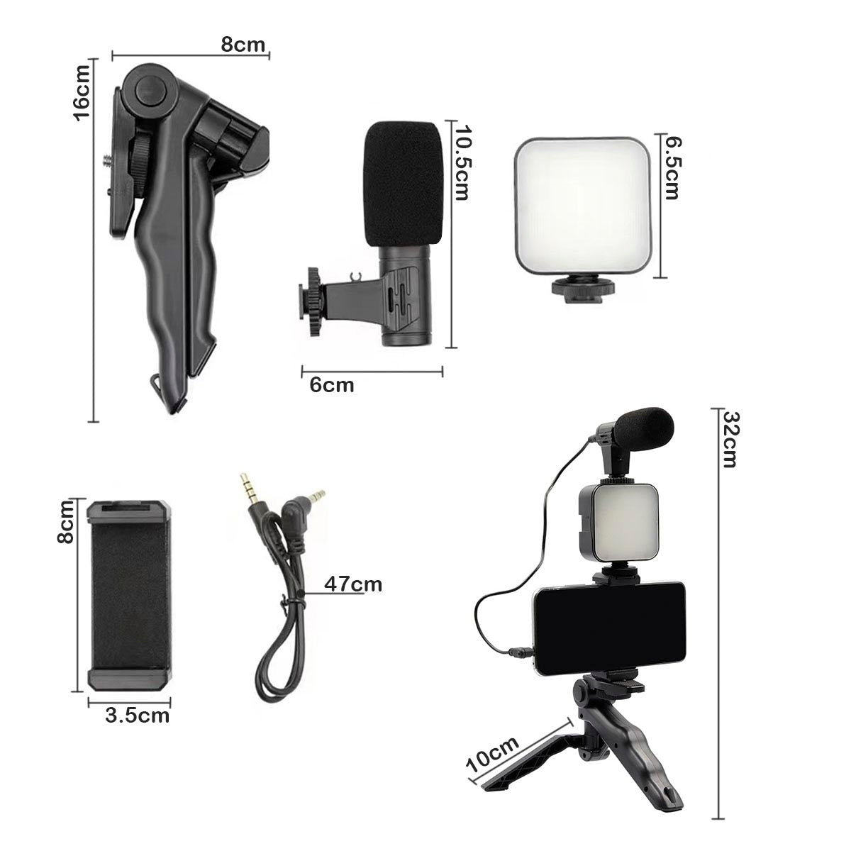 Kit Estabilizador 7 en 1 para Grabación: Trípode, Luz LED y Micrófono